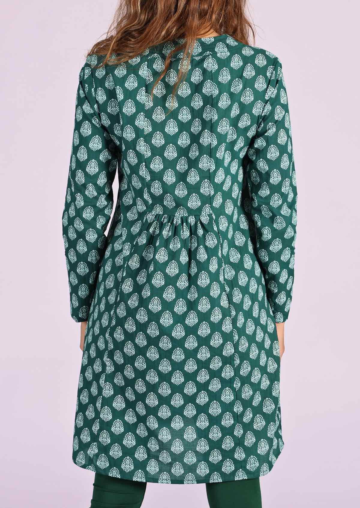 Long sleeve cotton tunic with small gathers, centre mid back