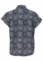 Lightweight 100% cotton top in navy blue with V neckline, collar and short folded sleeves