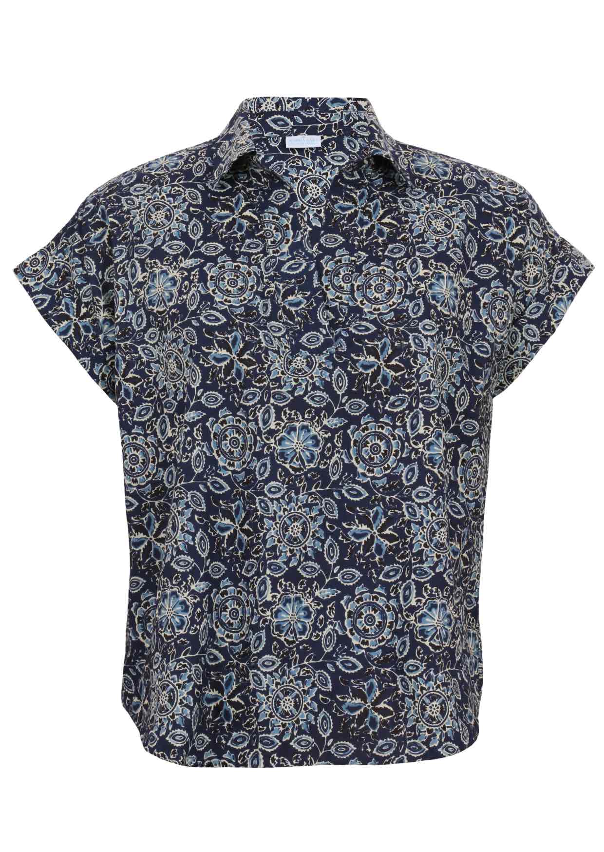 100% cotton floral printed relaxed fit cotton top with collar and short folded cuff sleeves