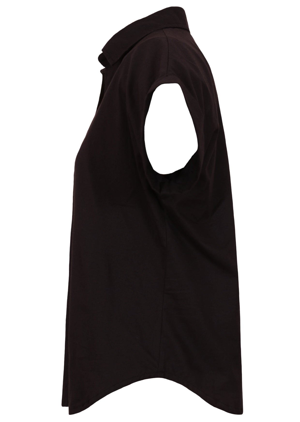 Side of 100% cotton black short sleeve collared relaxed fit top
