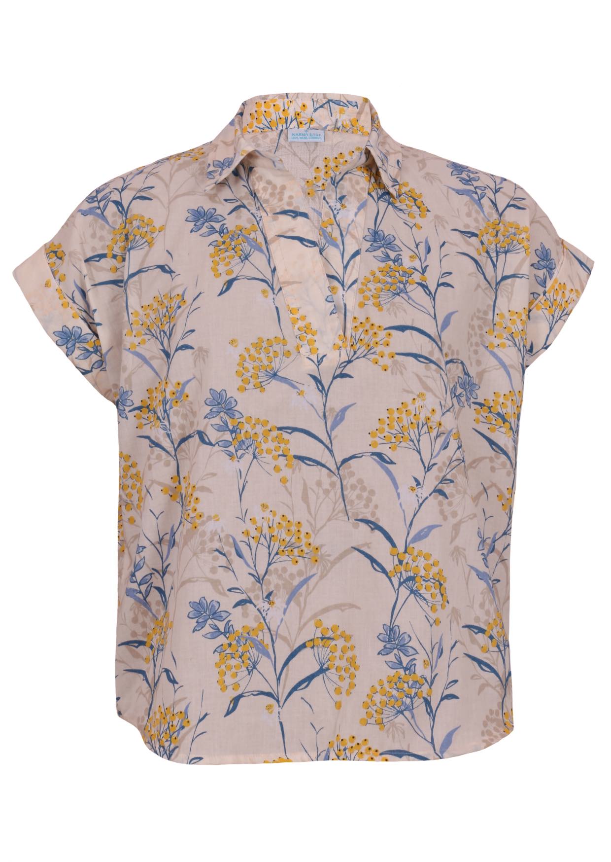 100% cotton floral printed relaxed fit cotton top with collar and short folded cuff sleeves