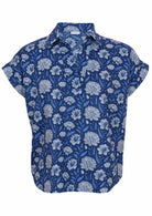 Front mannequin photo of cotton top with light blue and white floral print