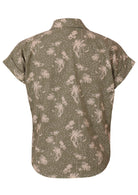 Back mannequin photo of cotton cap sleeve collared top in pale green based floral print