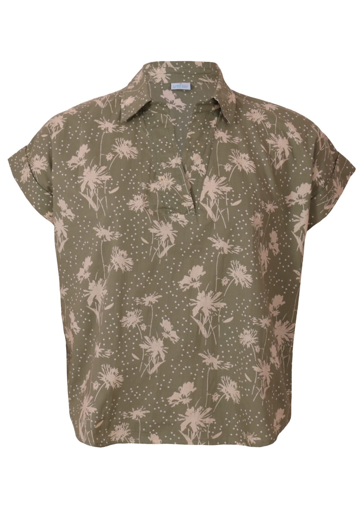 Front mannequin photo of cotton cap sleeve collared top in pale green based floral print