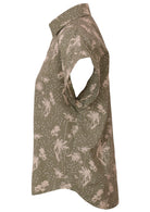 Side mannequin photo of cotton cap sleeve collared top in pale green based floral print