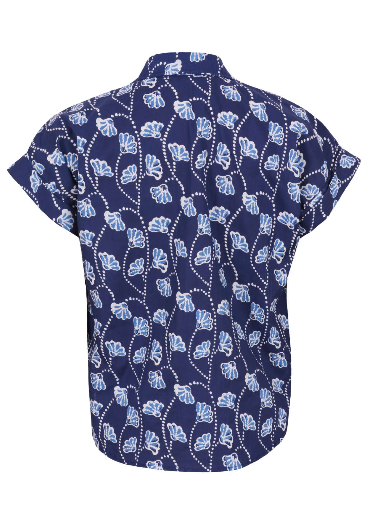Lightweight 100% cotton top in navy blue with V neckline, collar and short folded sleeves