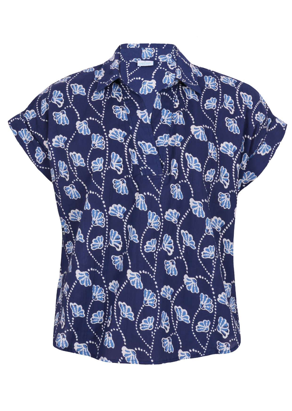 100% cotton floral printed relaxed fit cotton top with collar and short folded cuff sleeves