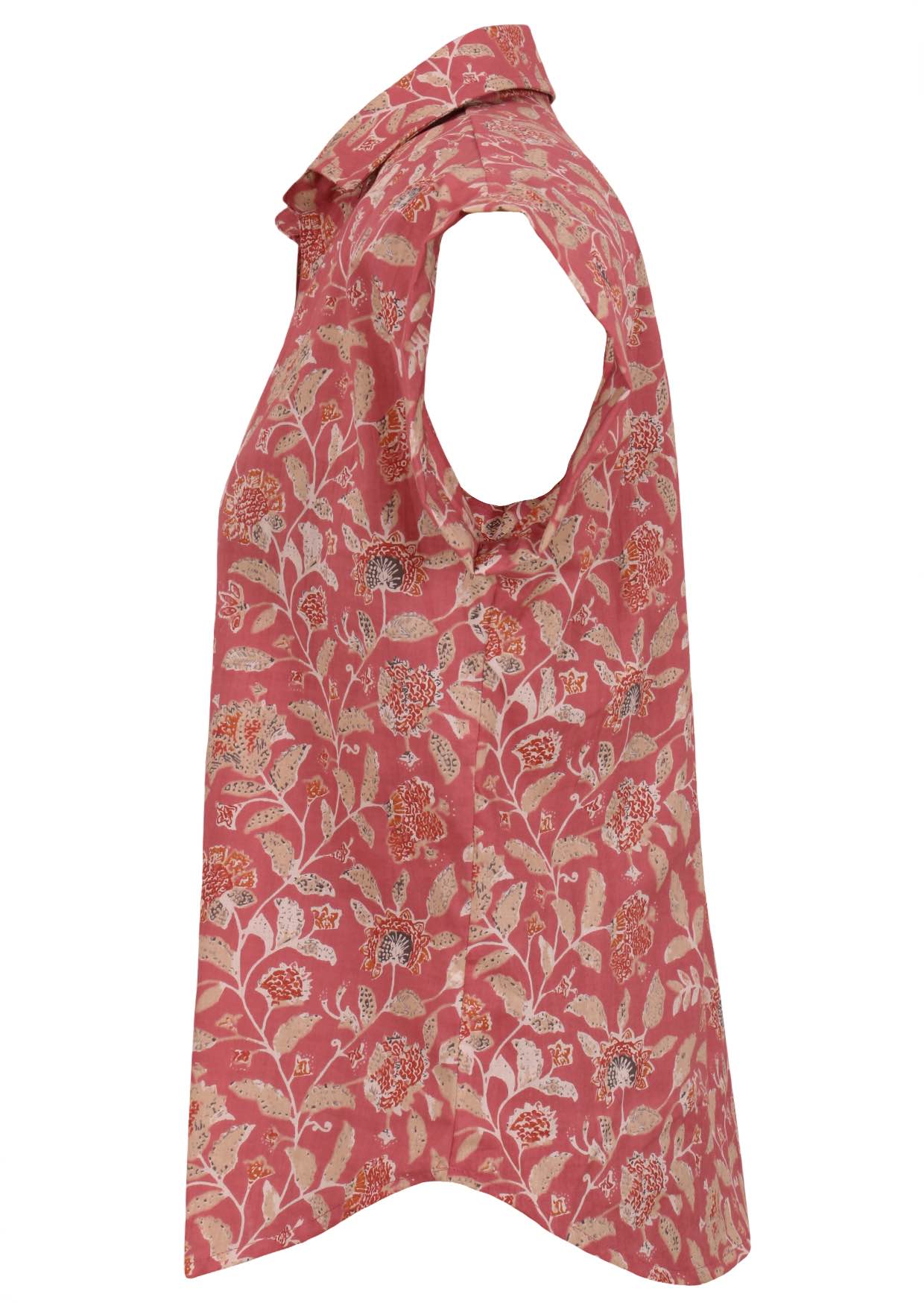 Side view of loose fit shirt style cotton top with collar in warm rose pink based floral print.