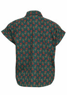 Lightweight 100% cotton top in bottle green with V neckline, collar and short folded sleeves