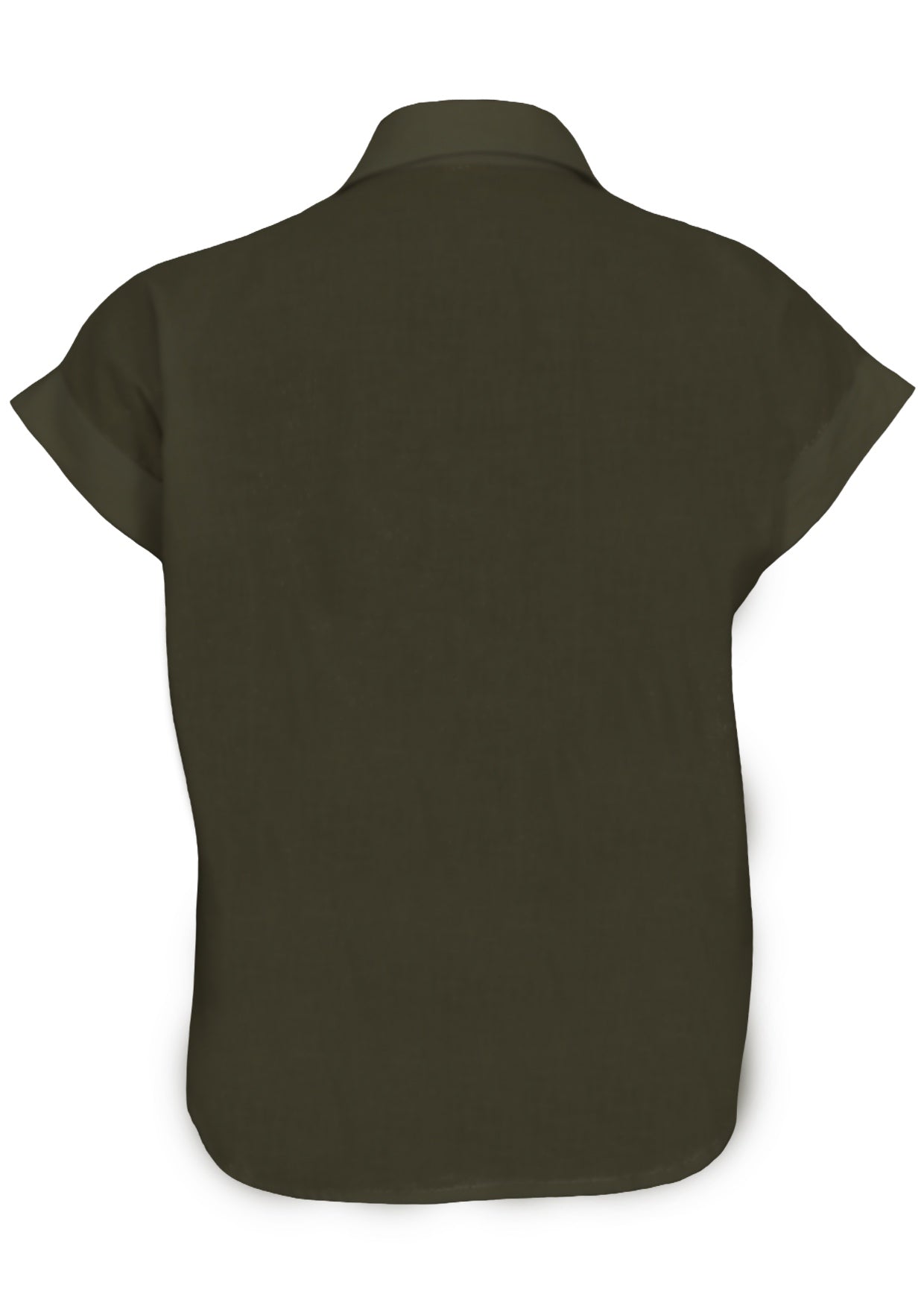 Back view of shirt style cotton top in olive green with structured collar and short sleeves 