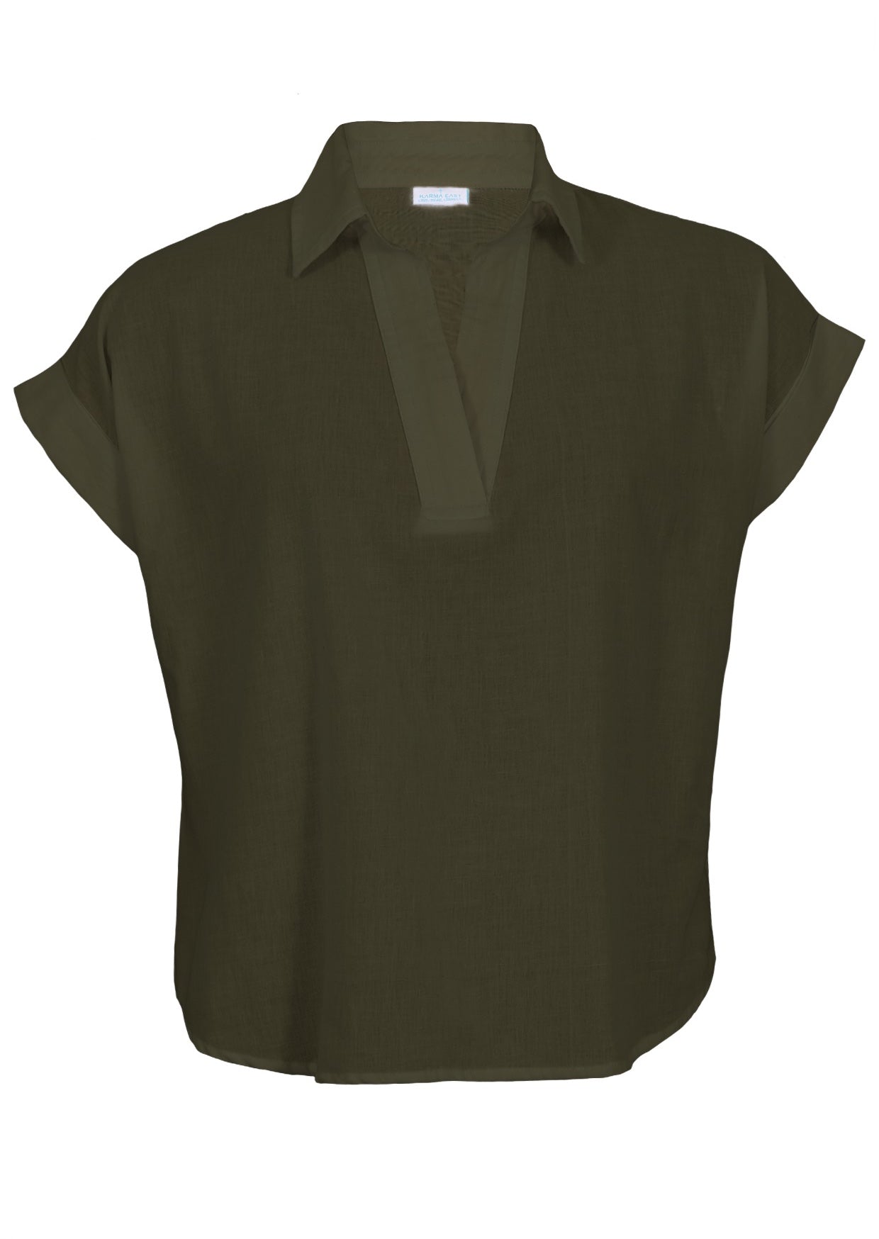 100% cotton relaxed fit olive green top with collar, V neckline and short folded cuff sleeves