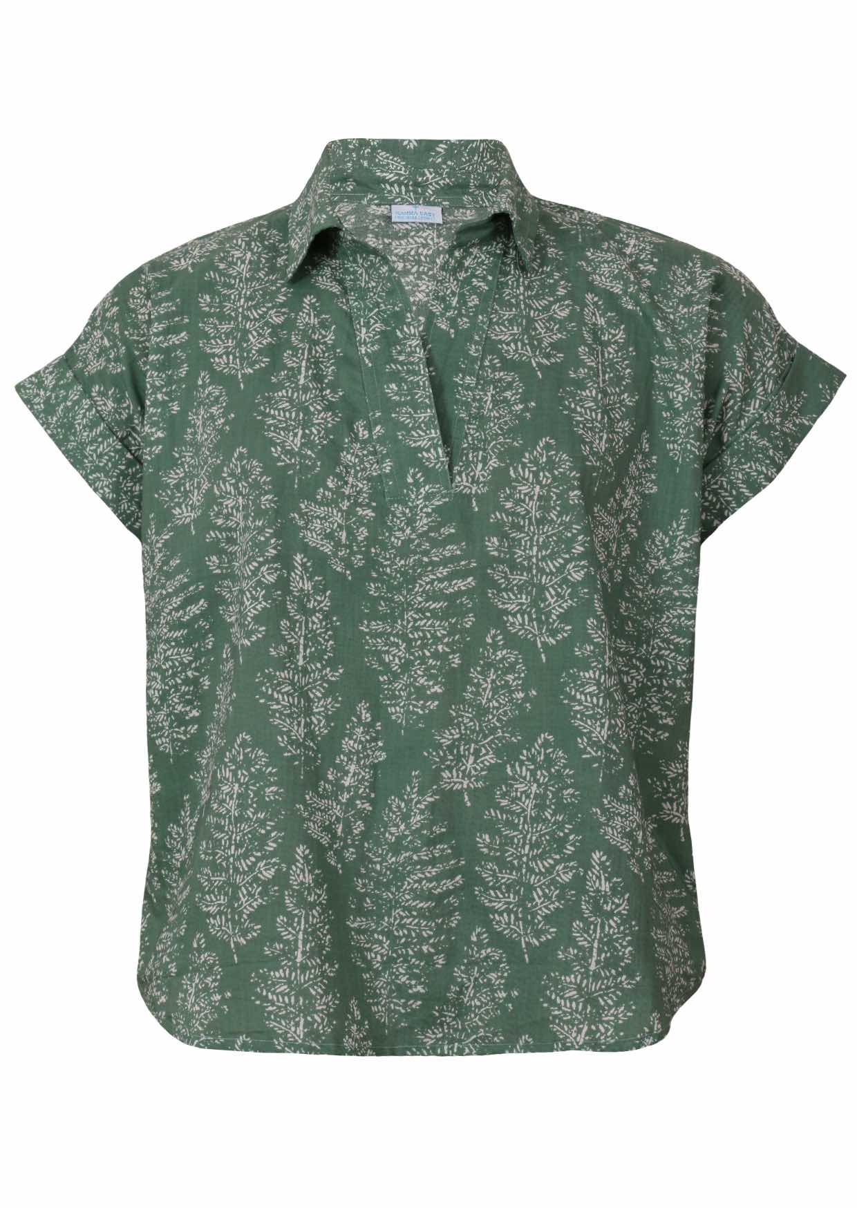 100% cotton floral printed relaxed fit cotton top with collar and short folded cuff sleeves