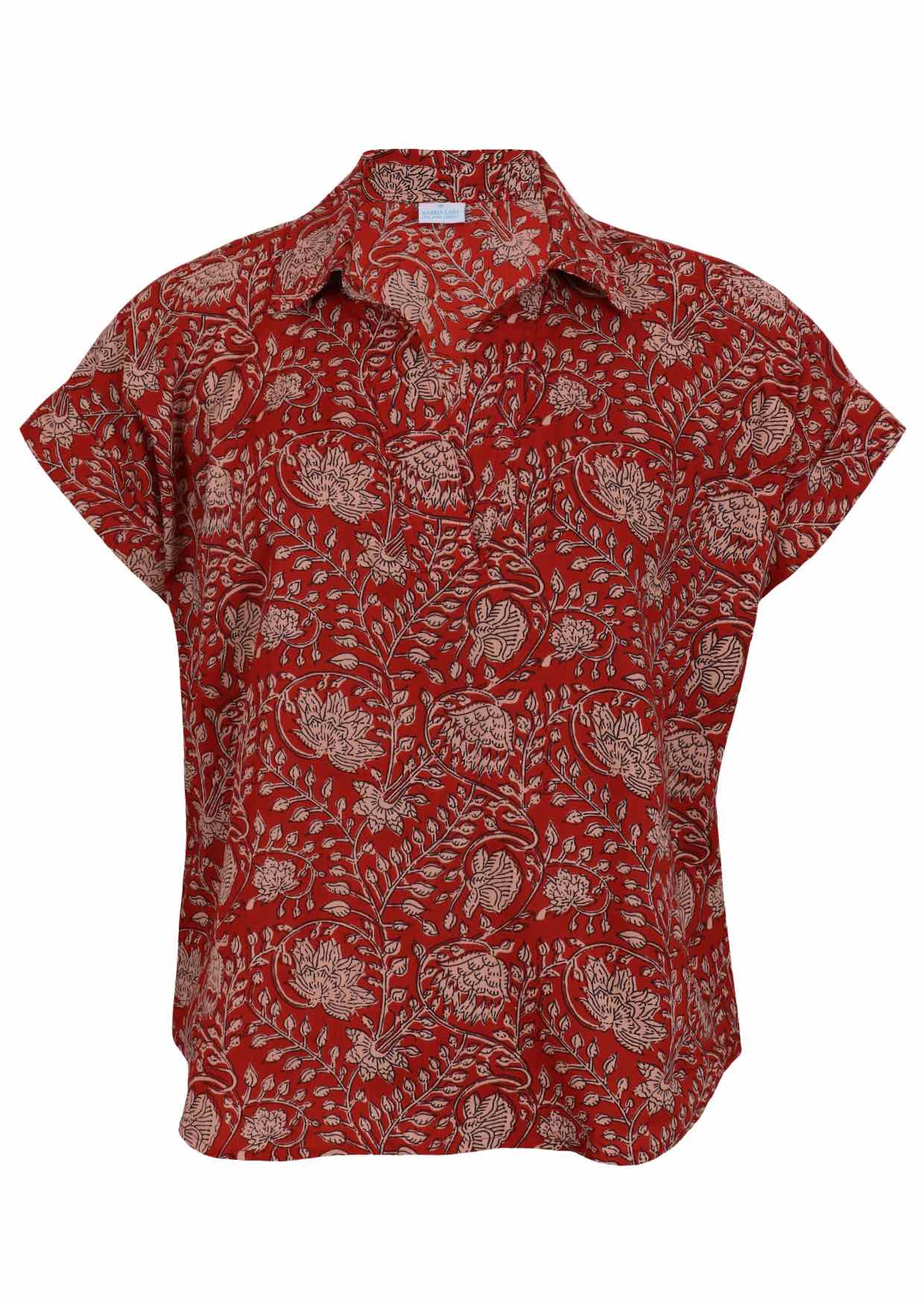 100% cotton floral printed relaxed fit cotton top with collar and short folded cuff sleeves