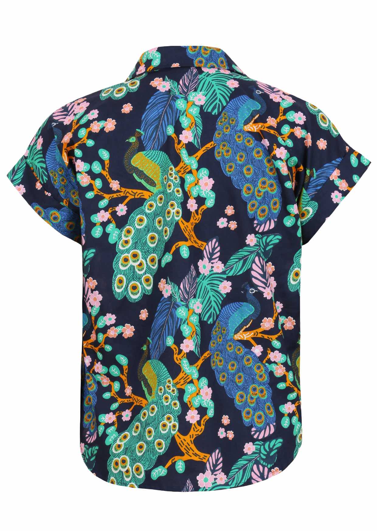 Lightweight 100% cotton top in navy blue with V neckline, collar and short folded sleeves