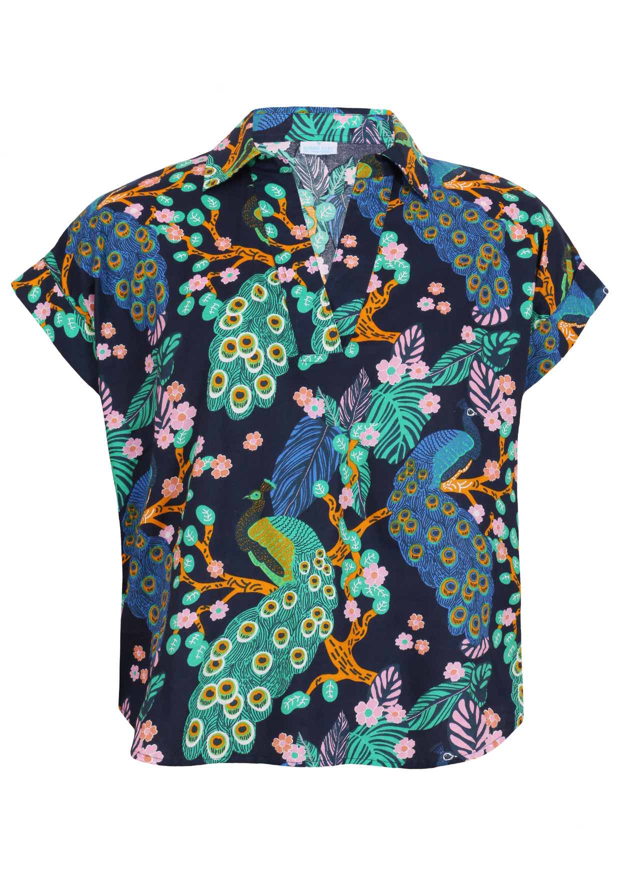 100% cotton floral printed relaxed fit cotton top with collar and short folded cuff sleeves