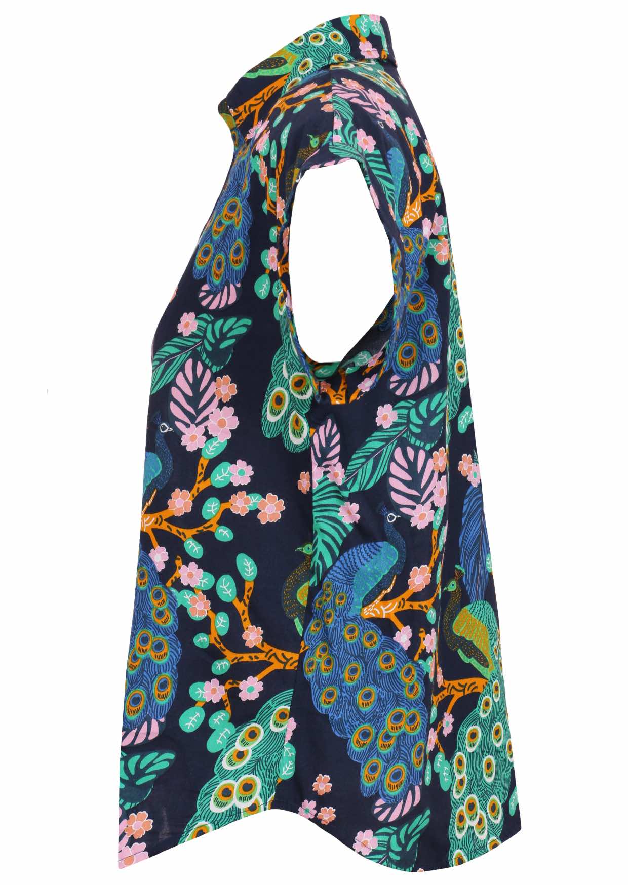 Side view of loose fit shirt style cotton top with collar in navy blue based floral print