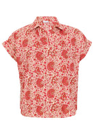 100% cotton floral printed relaxed fit cotton top with collar and short folded cuff sleeves