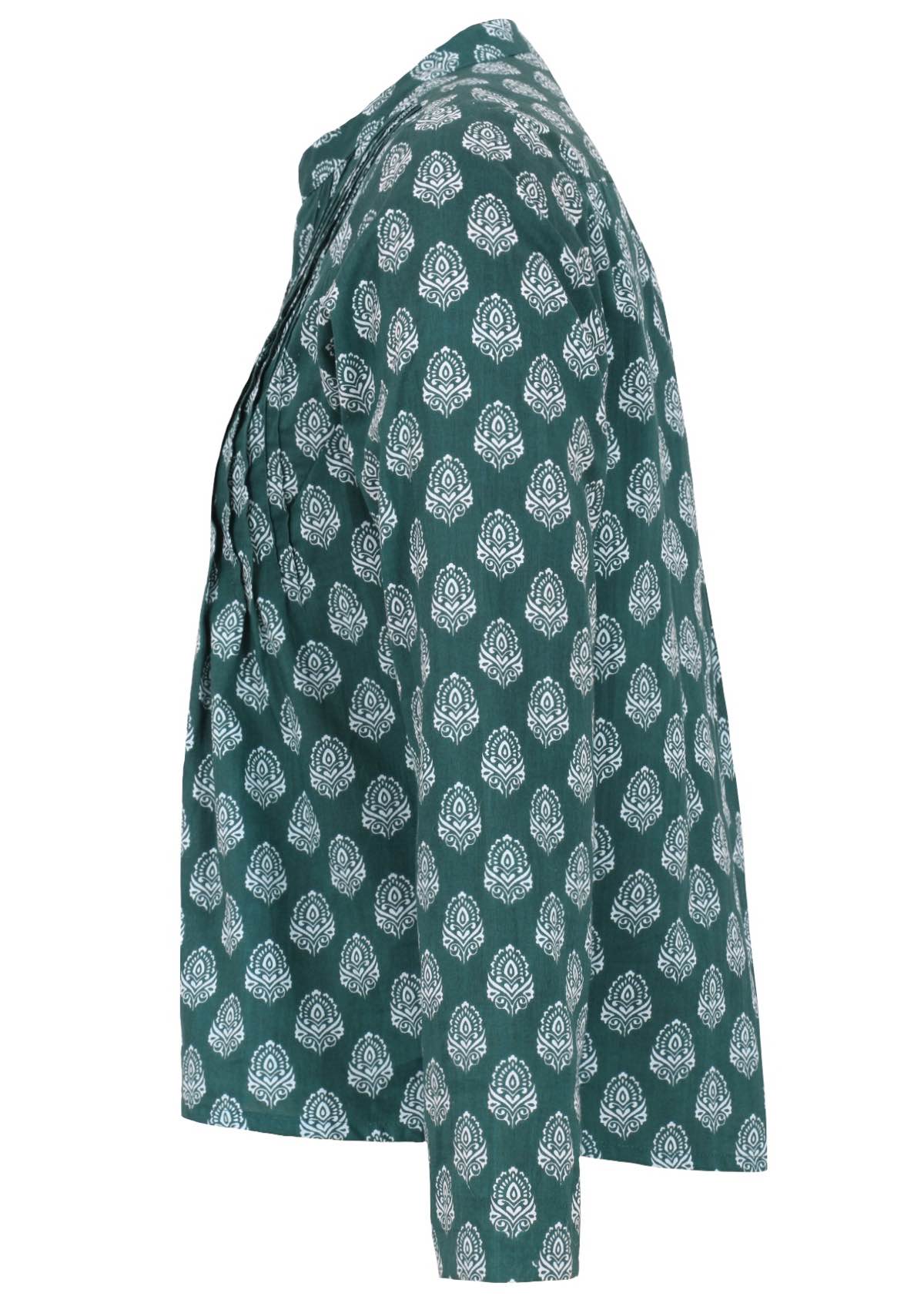 Long skeeve cotton top with white pendant print on dark green base
