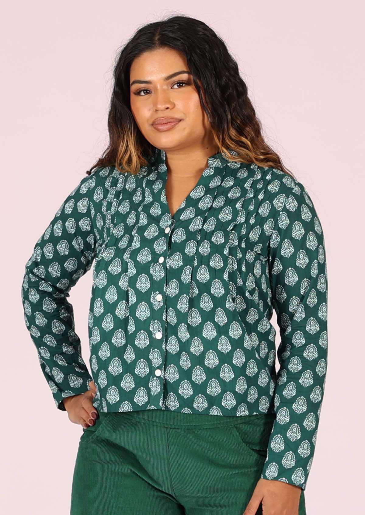 Long sleeve button through cotton top in gorgeous green