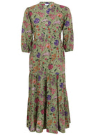Green based multi-coloured folk style florals print cotton dress with pockets.