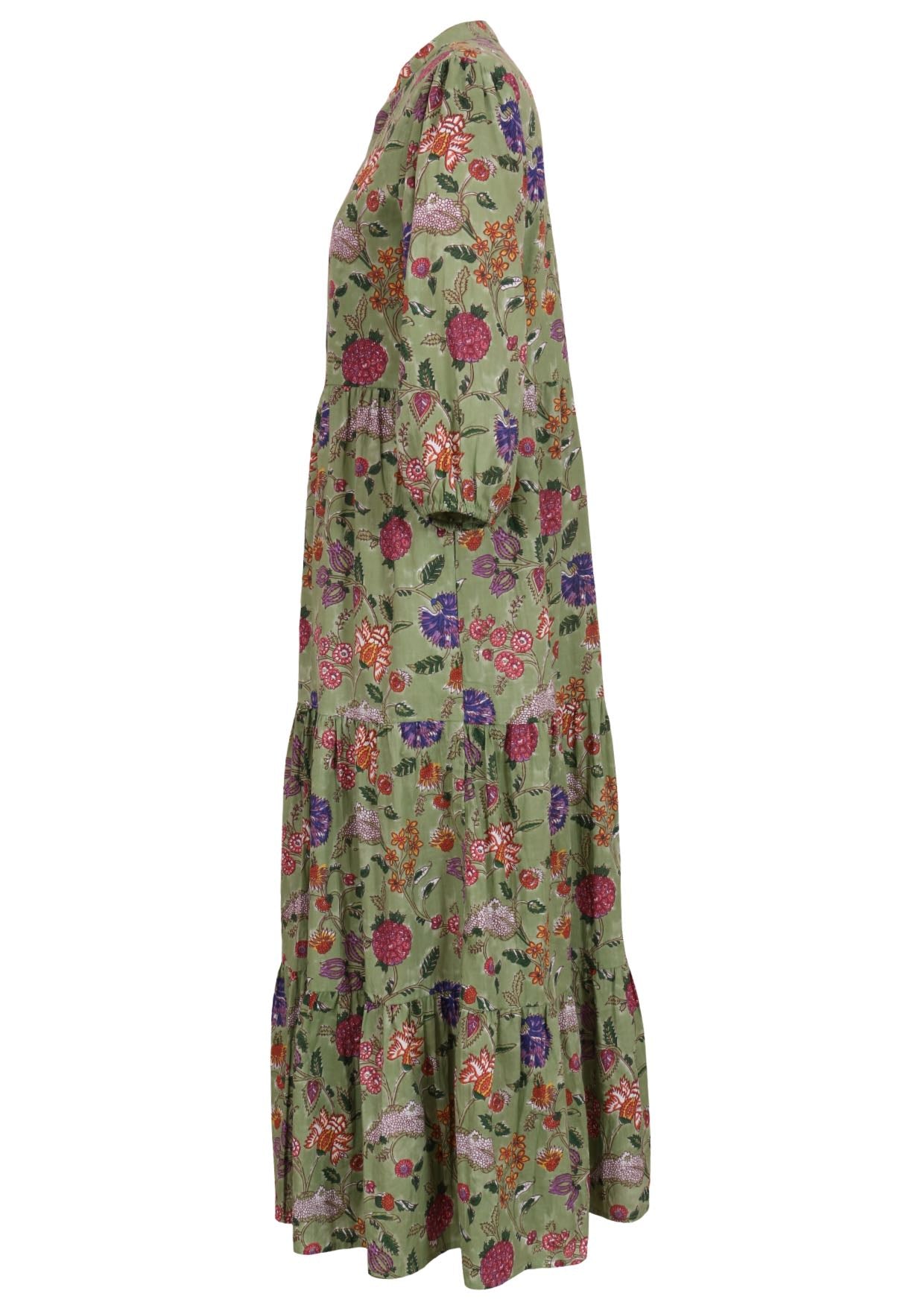 Green based multi-coloured folk style floral print cotton dress on white background.