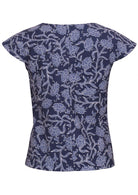 100% cotton top in a navy blue with a white and light blue floral print 