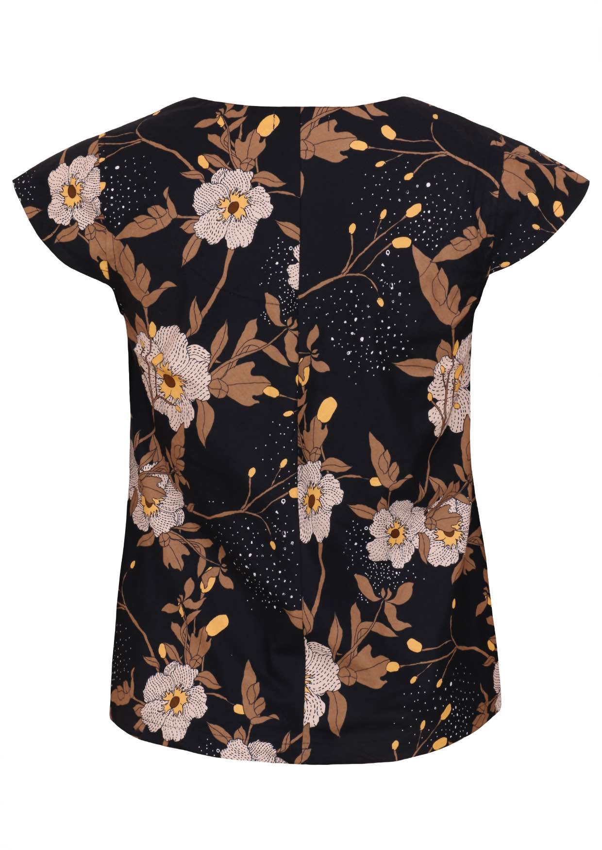Black floral cotton top with cap sleeves and centre back seam