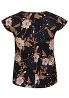 Black floral cotton top with cap sleeves and centre back seam
