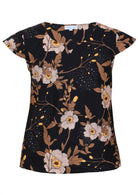 100% cotton tailored top in black based floral print with cap sleeves and round neckline with keyhole cutout