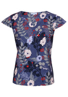 Front mannequin photo of cotton top with cap sleeves in blues, white, grey floral print with pops of red
