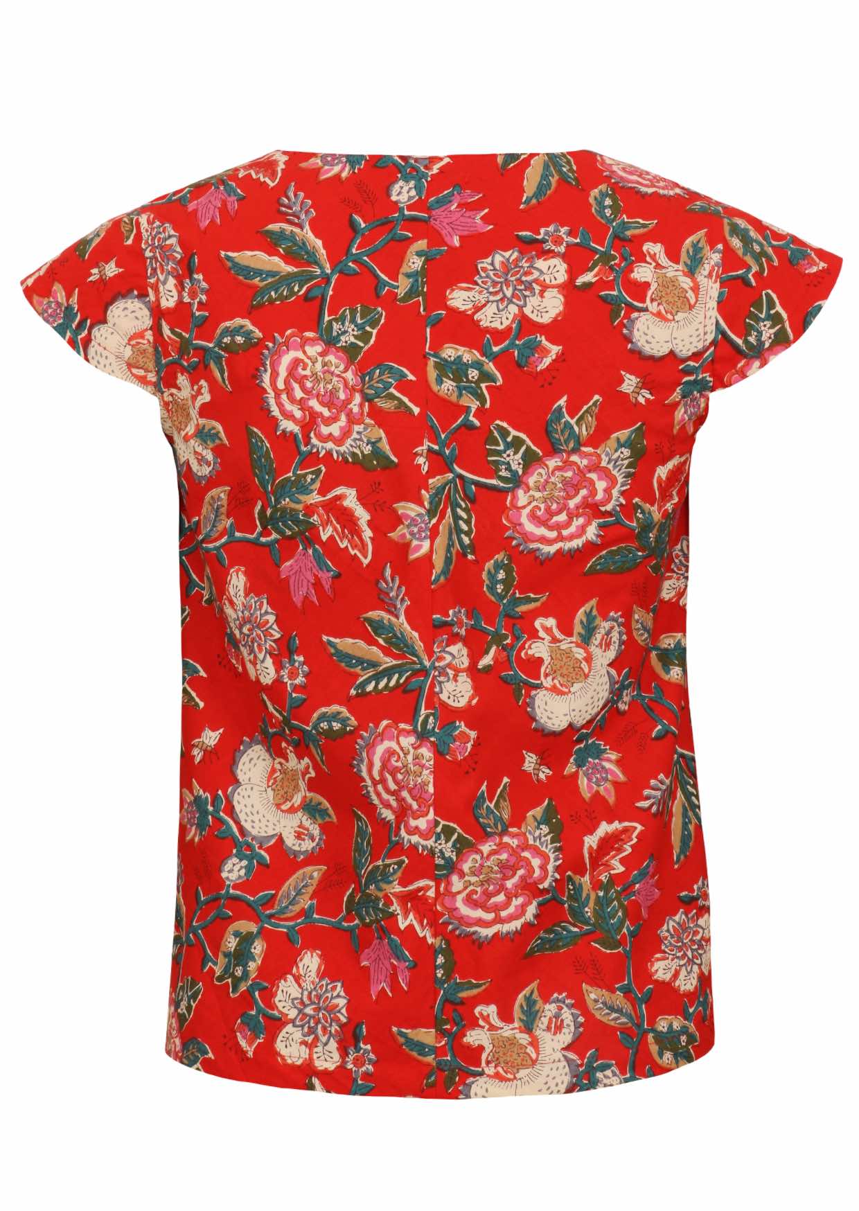 Red floral cotton top with cap sleeves and centre back seam