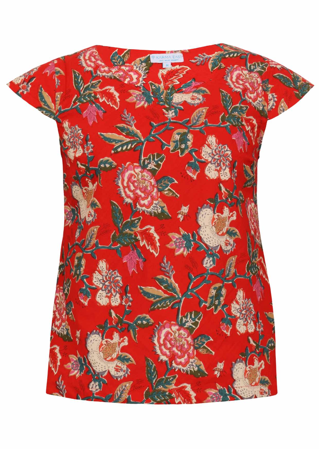 100% cotton tailored top in red based floral print with cap sleeves and round neckline with keyhole cutout