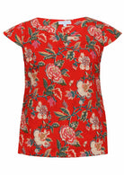 100% cotton tailored top in red based floral print with cap sleeves and round neckline with keyhole cutout