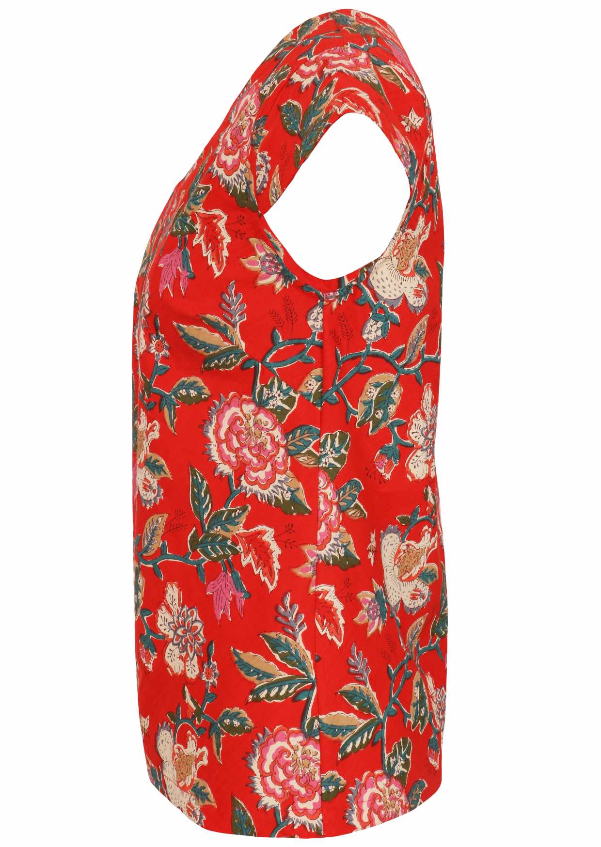 Side view of cotton tailored top with cap sleeves in beautiful floral print on red base