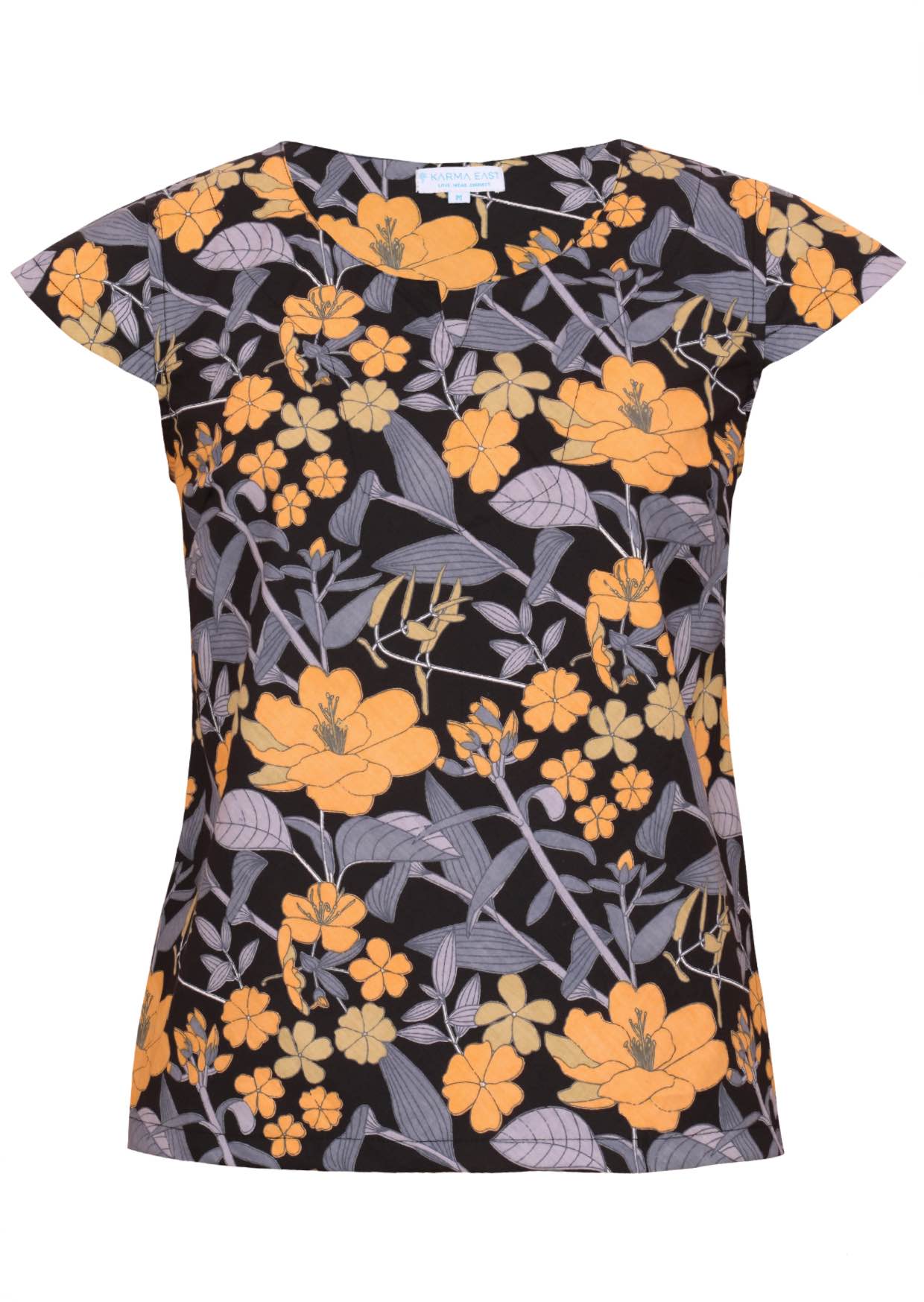 100% cotton tailored floral print top in black with cap sleeves and key hole cutout in round neckline 