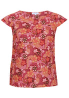 Round neck cotton top with Japanese-style print in pink, maroon, brown, peach, and khaki.

