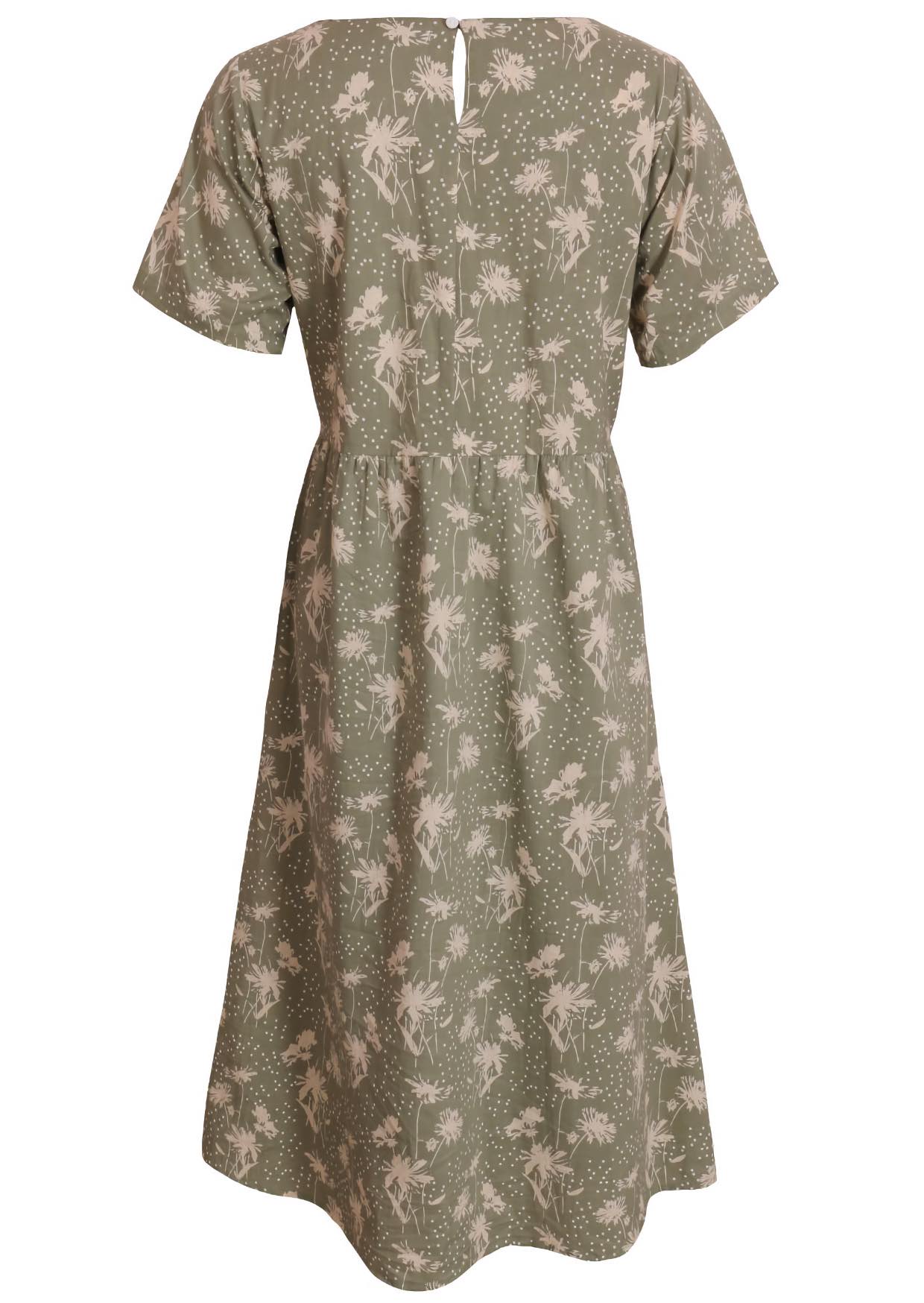 Back mannequin photo of cotton midi length short sleeve dress in green based floral print with button at nape of neck