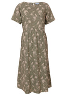 Front mannequin photo of cotton midi length short sleeve dress in green based floral print