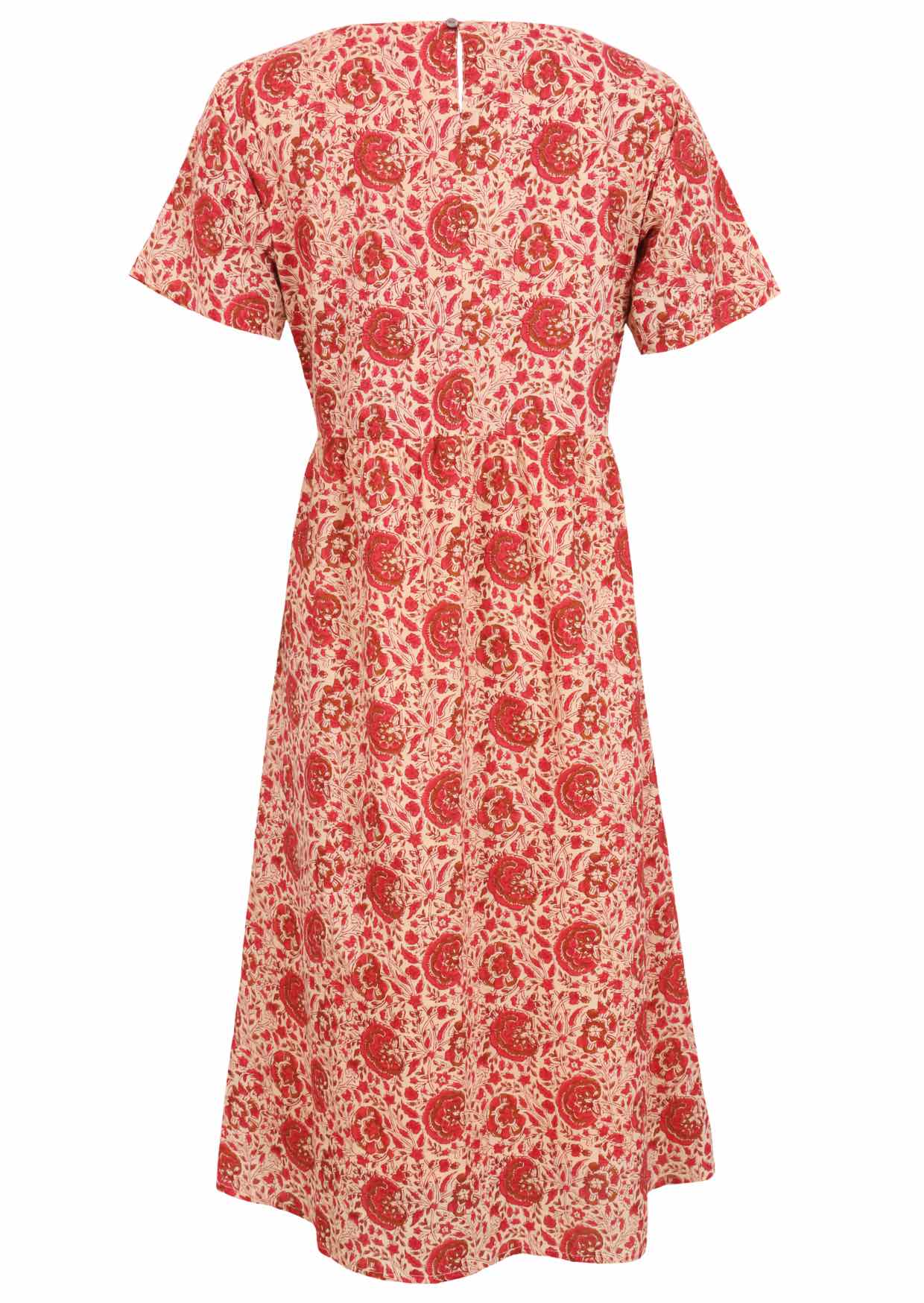 Back view of lightweight relaxed fit cotton dress with short sleeves and keyhole button back closure