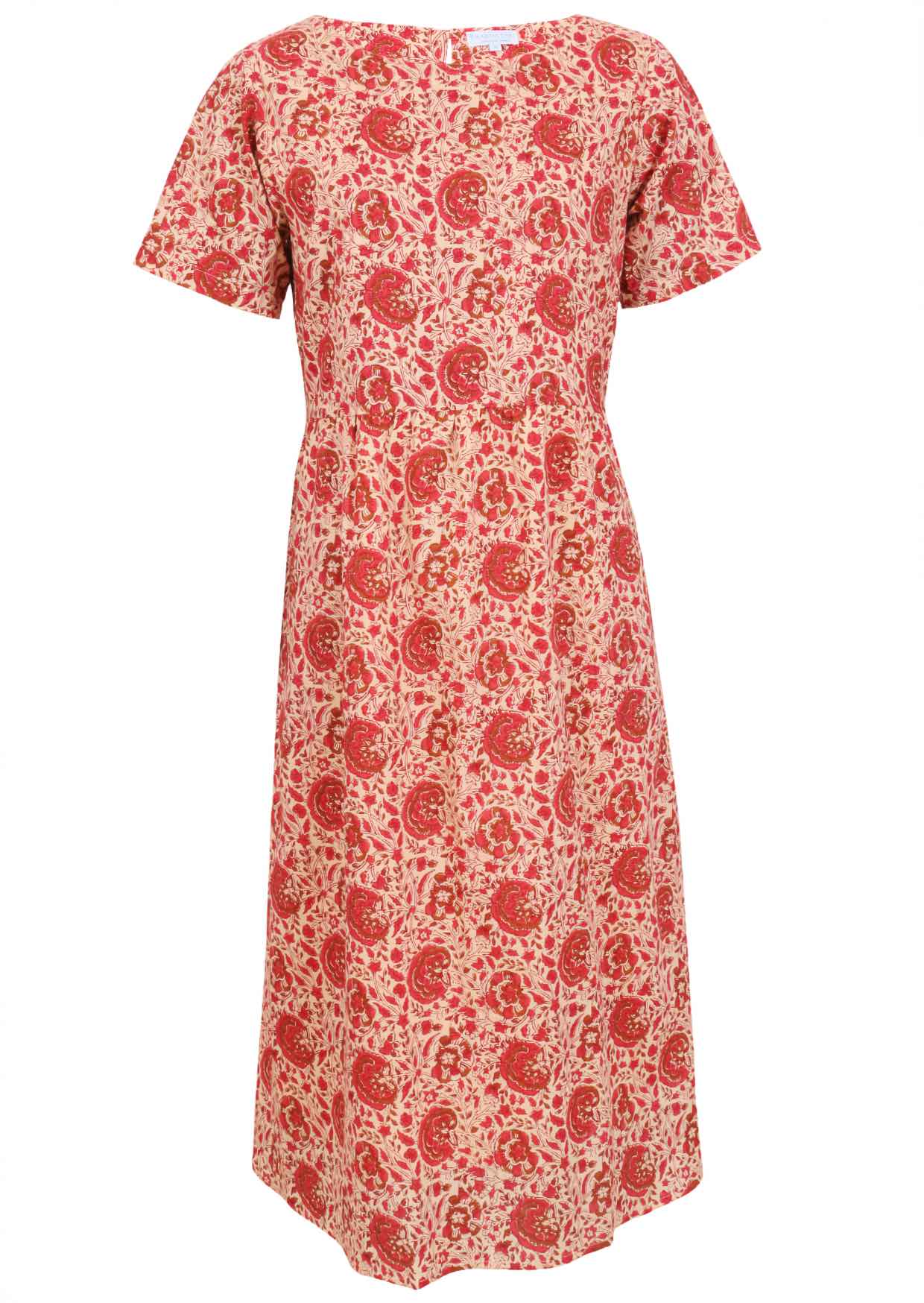 100% cotton mid-length cotton dress with boat neckline, short sleeves and pockets in gentle cream based floral print