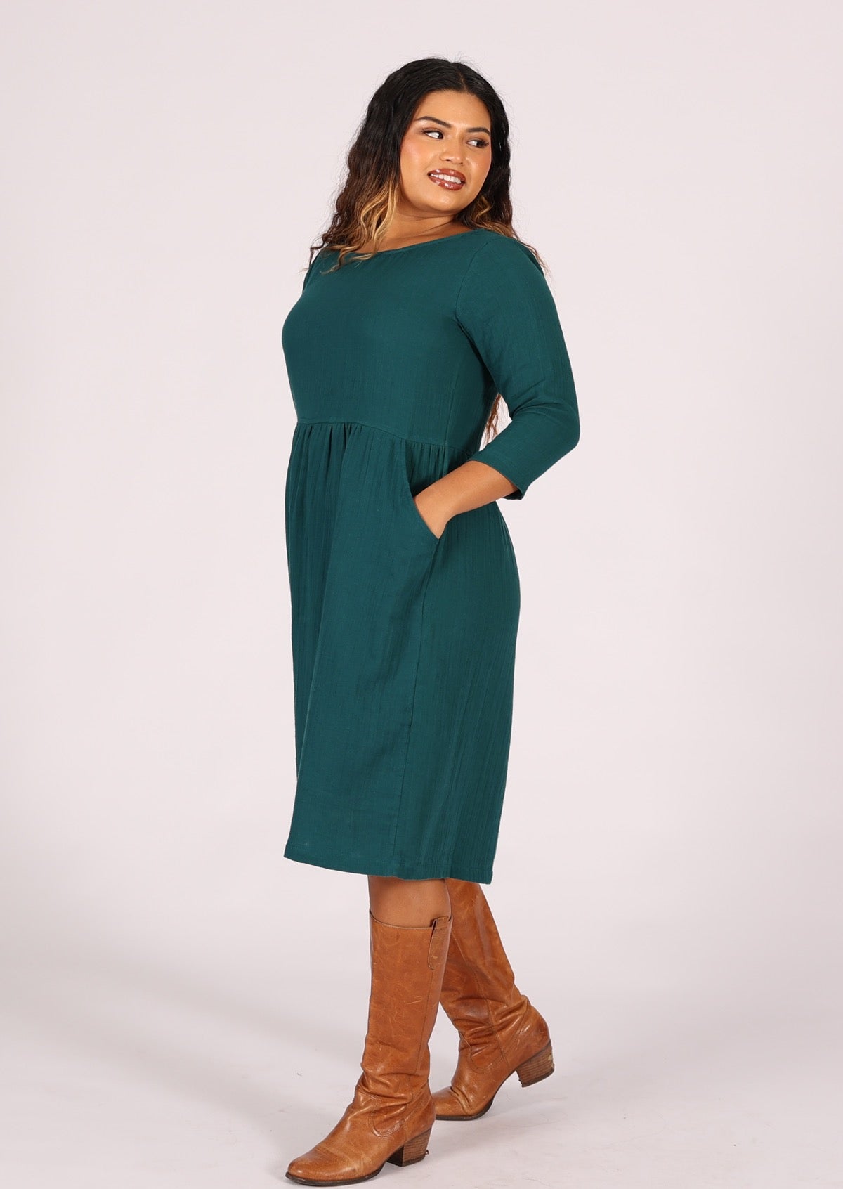 Lightweight cotton dress in deep teal looks great belted too