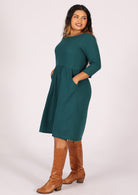 Relaxed fit double cotton dress that sits over knee in deep teal