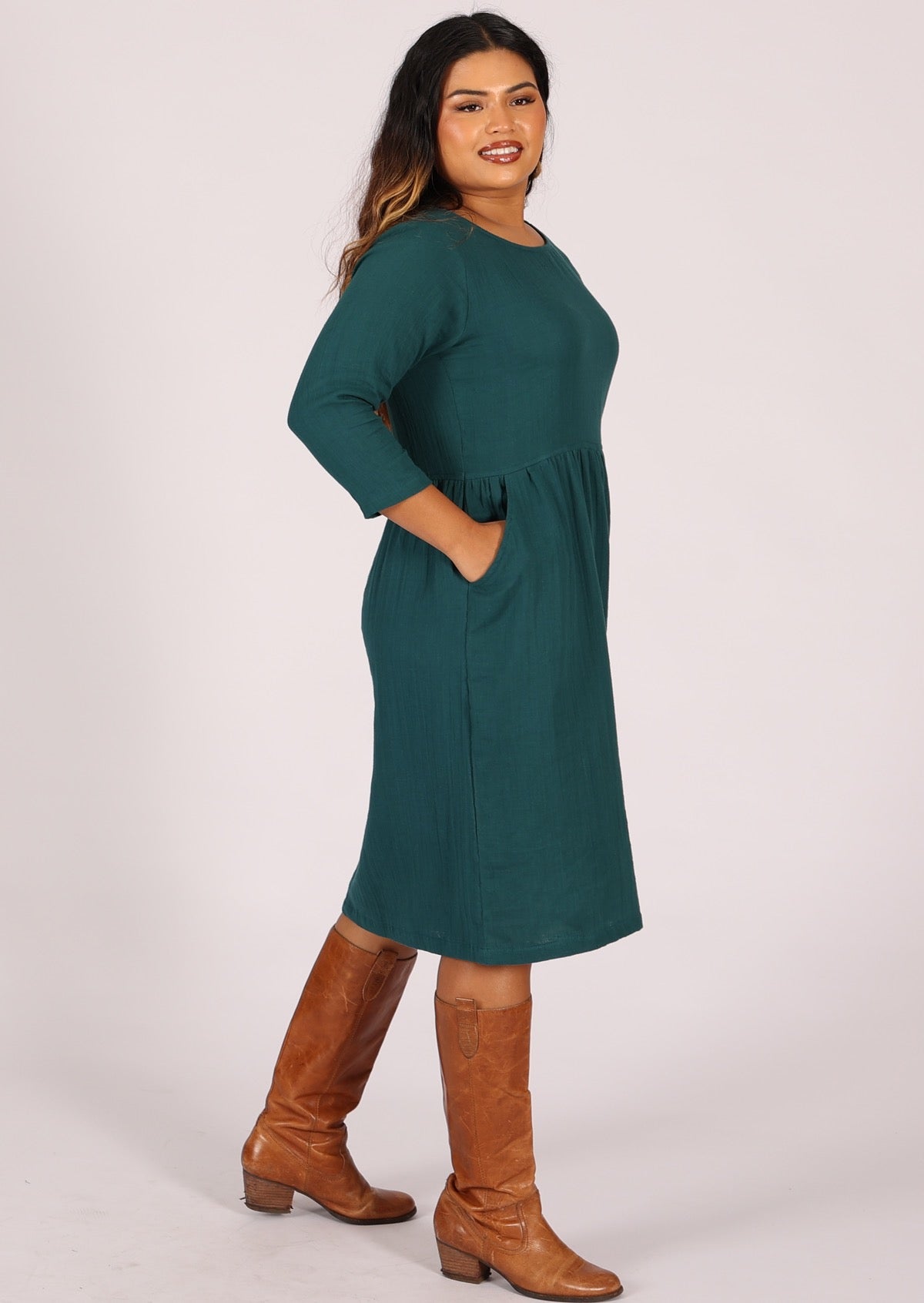 Deep teal double cotton dress with pockets is great for every day wear
