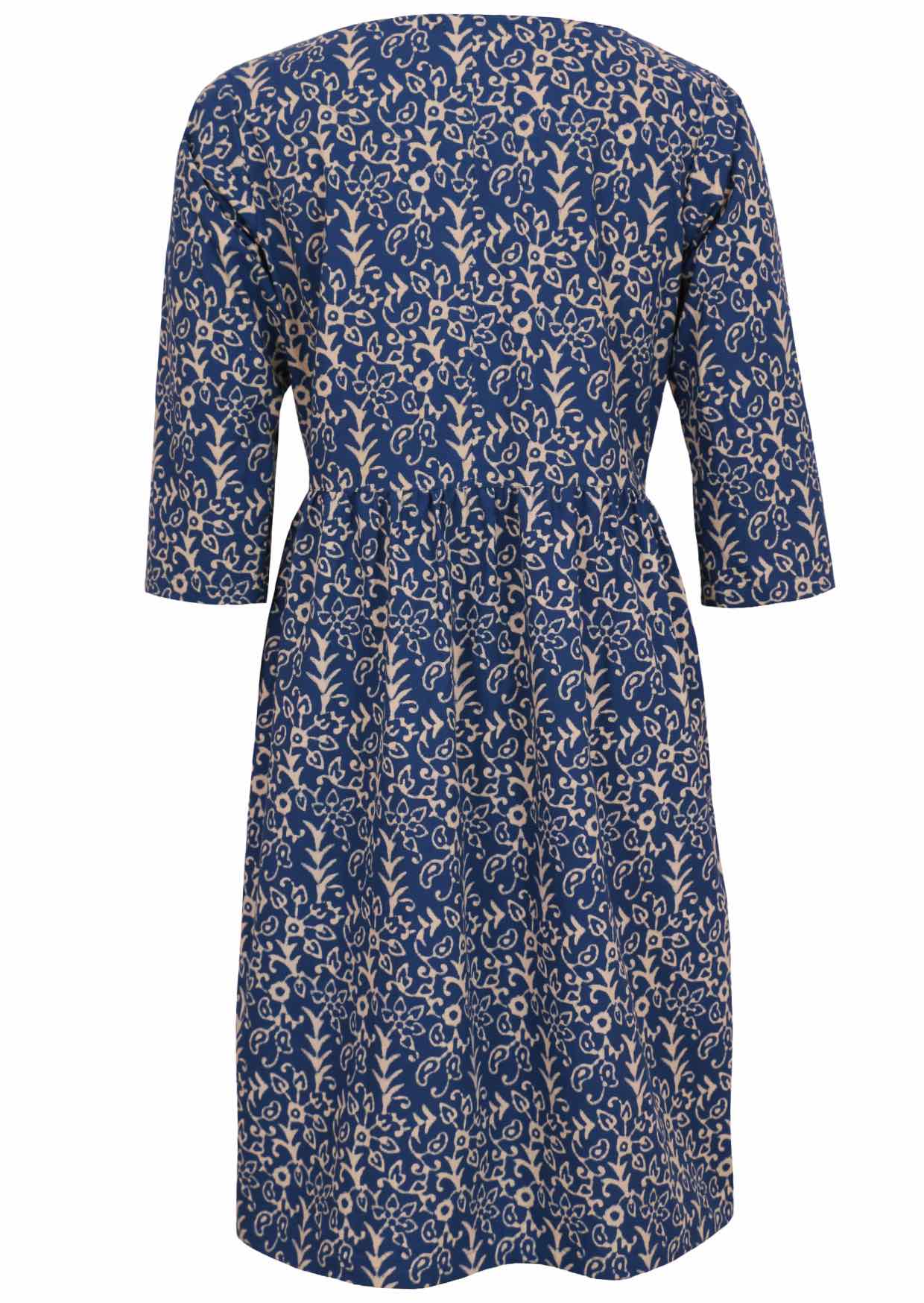 Blue and white cotton floral knee length sundress with sleeves back view