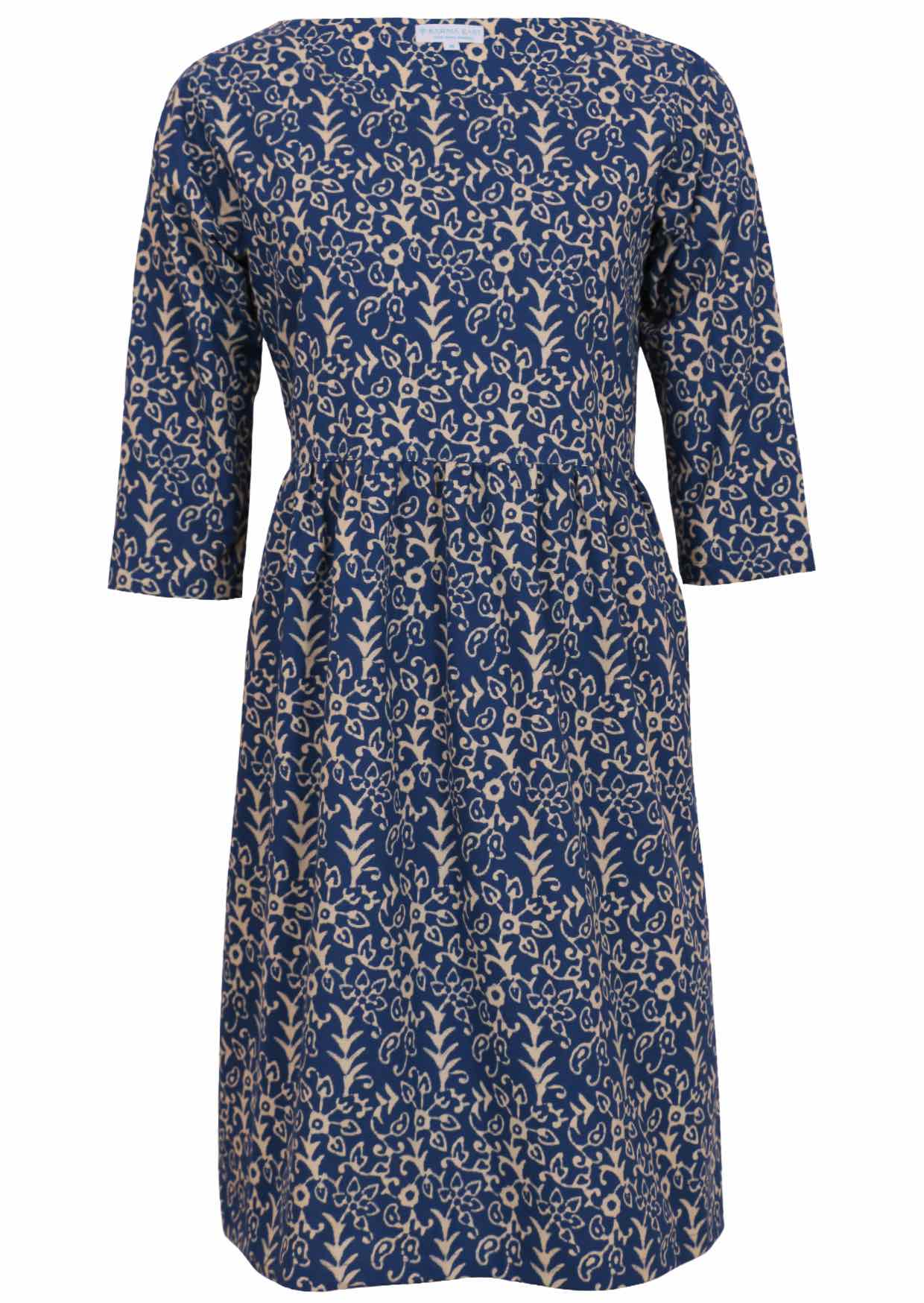 Blue and white cotton floral knee length sundress with sleeves