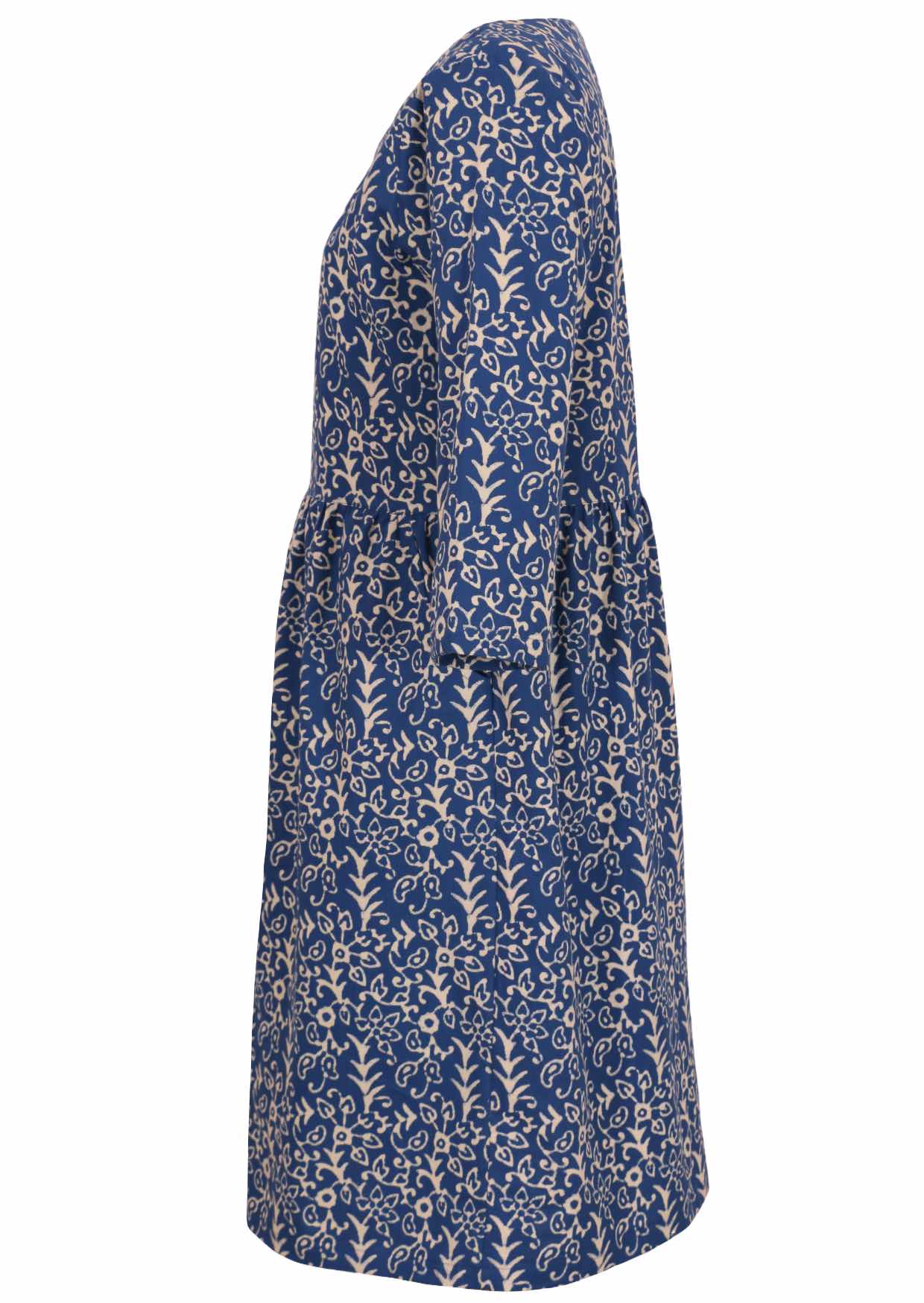 Blue and white cotton floral knee length sundress with sleeves side view