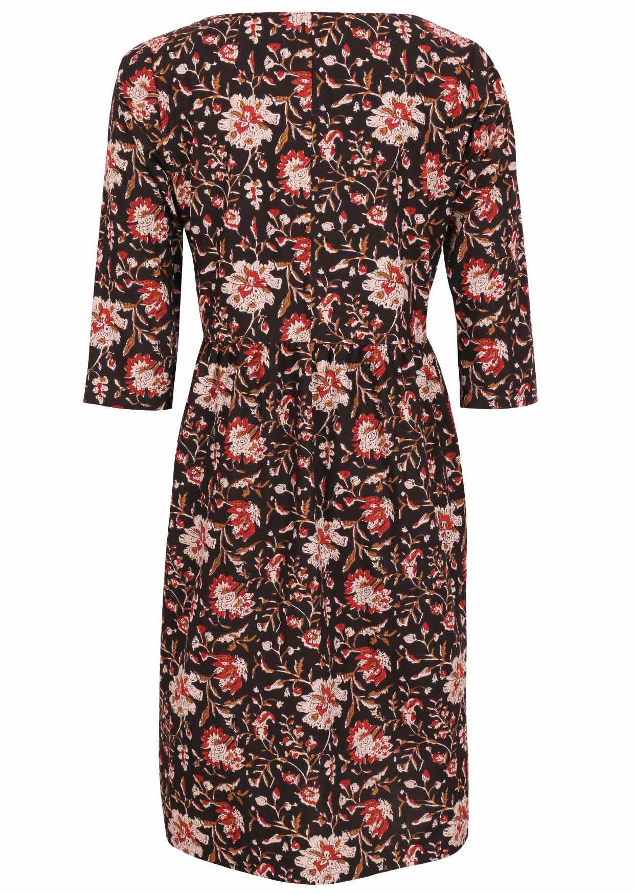 Back image ofblack based floral printed, midlength cotton dress with 3/4 sleeves and pockets.
