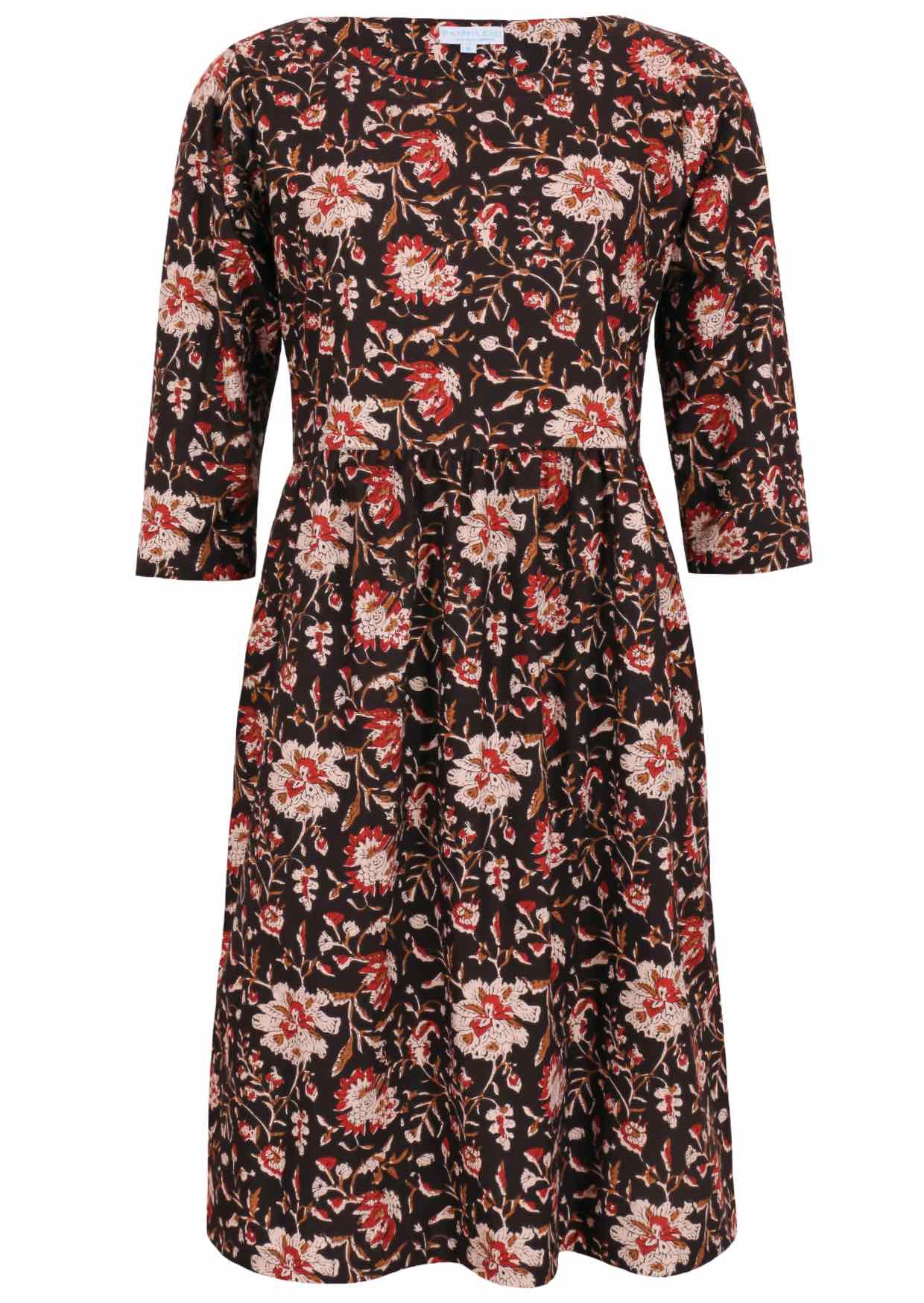 Black based, knee length cotton dress with wide round neckline and 3/4 sleeves.