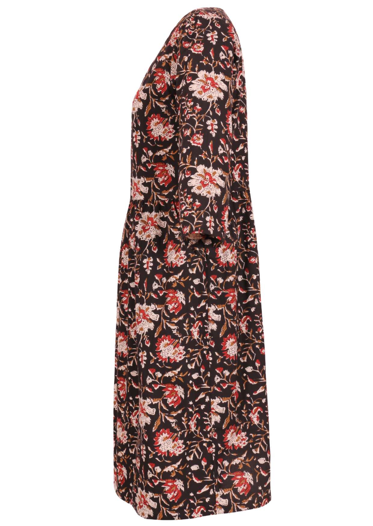 100% cotton knee length dress with pockets, 3/4 sleeves and floral print on black base.