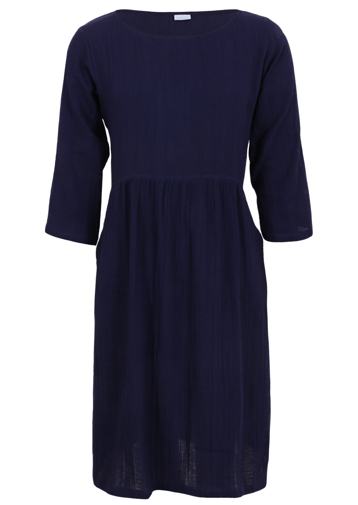 Deep blue cotton gauze dress with round neckline and 3/4 sleeves